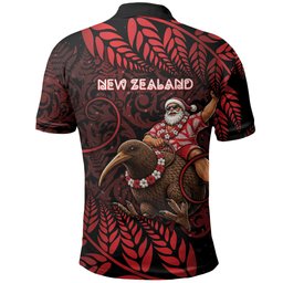 New Zealand Christmas Polo Shirt Red Santa Riding Kiwi Bird Silver Fern