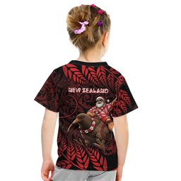 New Zealand Christmas Kid T Shirt Red Santa Riding Kiwi Bird Silver Fern