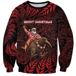 New Zealand Christmas Sweatshirt Red Santa Riding Kiwi Bird Silver Fern