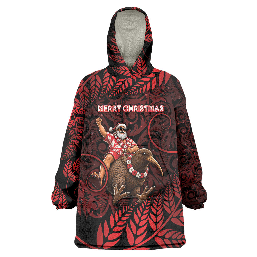 New Zealand Christmas Wearable Blanket Hoodie Red Santa Riding Kiwi Bird Silver Fern