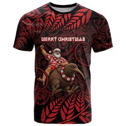 New Zealand Christmas T Shirt Red Santa Riding Kiwi Bird Silver Fern