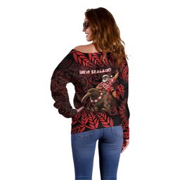 New Zealand Christmas Off Shoulder Sweater Red Santa Riding Kiwi Bird Silver Fern