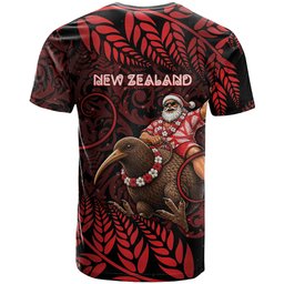 New Zealand Christmas T Shirt Red Santa Riding Kiwi Bird Silver Fern