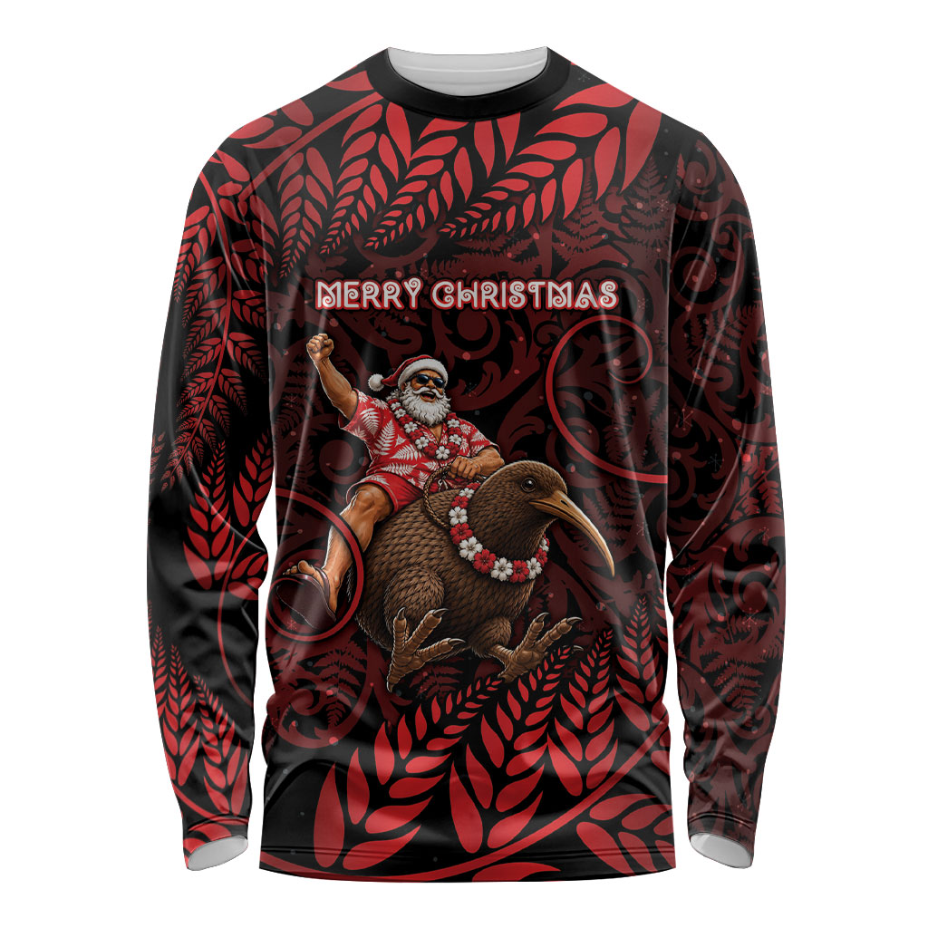 New Zealand Christmas Long Sleeve Shirt Red Santa Riding Kiwi Bird Silver Fern