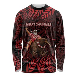 New Zealand Christmas Long Sleeve Shirt Red Santa Riding Kiwi Bird Silver Fern