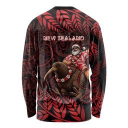 New Zealand Christmas Long Sleeve Shirt Red Santa Riding Kiwi Bird Silver Fern