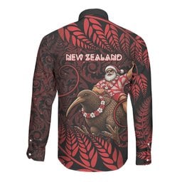 New Zealand Christmas Long Sleeve Button Shirt Red Santa Riding Kiwi Bird Silver Fern