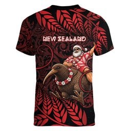 New Zealand Christmas Women V-Neck T-Shirt Red Santa Riding Kiwi Bird Silver Fern