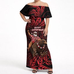 New Zealand Christmas Off Shoulder Maxi Dress Red Santa Riding Kiwi Bird Silver Fern