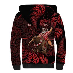 New Zealand Christmas Sherpa Hoodie Red Santa Riding Kiwi Bird Silver Fern