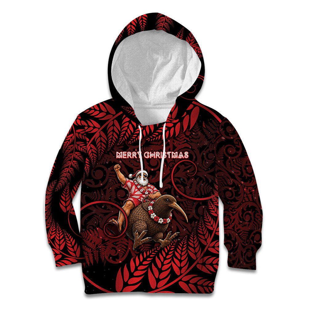 New Zealand Christmas Kid Hoodie Red Santa Riding Kiwi Bird Silver Fern