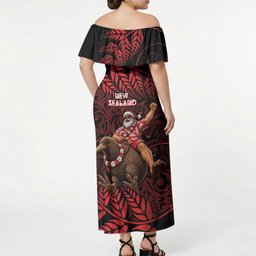 New Zealand Christmas Off Shoulder Maxi Dress Red Santa Riding Kiwi Bird Silver Fern