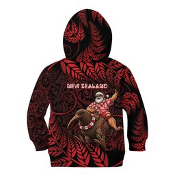 New Zealand Christmas Kid Hoodie Red Santa Riding Kiwi Bird Silver Fern