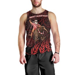 New Zealand Christmas Men Tank Top Red Santa Riding Kiwi Bird Silver Fern