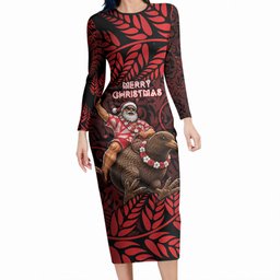 New Zealand Christmas Long Sleeve Bodycon Dress Red Santa Riding Kiwi Bird Silver Fern