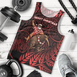 New Zealand Christmas Men Tank Top Red Santa Riding Kiwi Bird Silver Fern