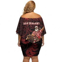 New Zealand Christmas Off Shoulder Short Dress Red Santa Riding Kiwi Bird Silver Fern