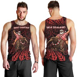 New Zealand Christmas Men Tank Top Red Santa Riding Kiwi Bird Silver Fern