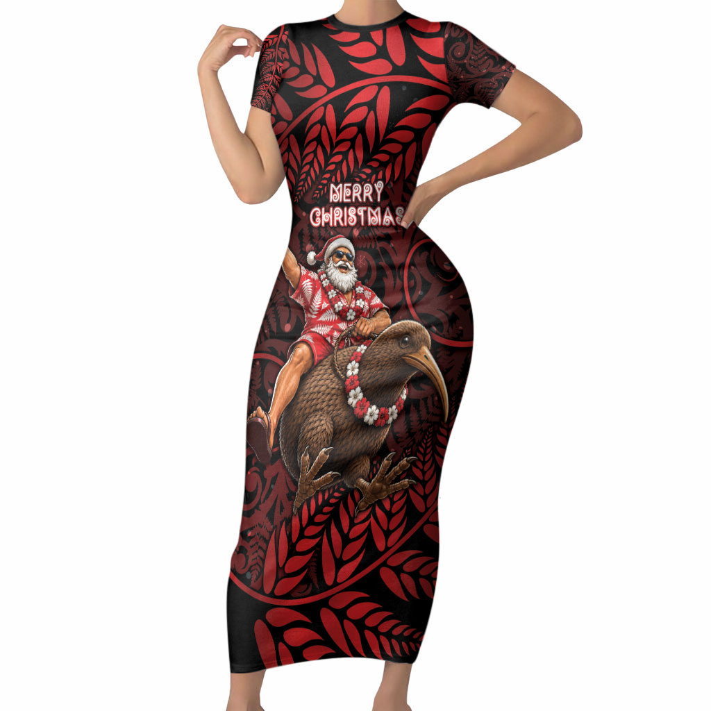 New Zealand Christmas Short Sleeve Bodycon Dress Red Santa Riding Kiwi Bird Silver Fern