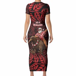 New Zealand Christmas Short Sleeve Bodycon Dress Red Santa Riding Kiwi Bird Silver Fern