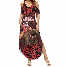 New Zealand Christmas Summer Maxi Dress Red Santa Riding Kiwi Bird Silver Fern