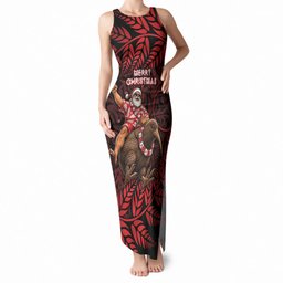 New Zealand Christmas Tank Maxi Dress Red Santa Riding Kiwi Bird Silver Fern