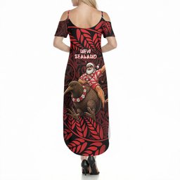 New Zealand Christmas Summer Maxi Dress Red Santa Riding Kiwi Bird Silver Fern