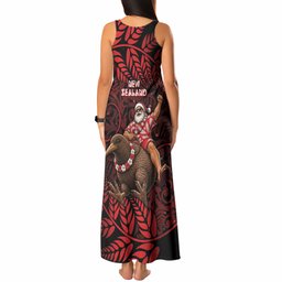 New Zealand Christmas Tank Maxi Dress Red Santa Riding Kiwi Bird Silver Fern