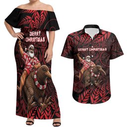 New Zealand Christmas Couples Matching Off Shoulder Maxi Dress and Hawaiian Shirt Red Santa Riding Kiwi Bird Silver Fern