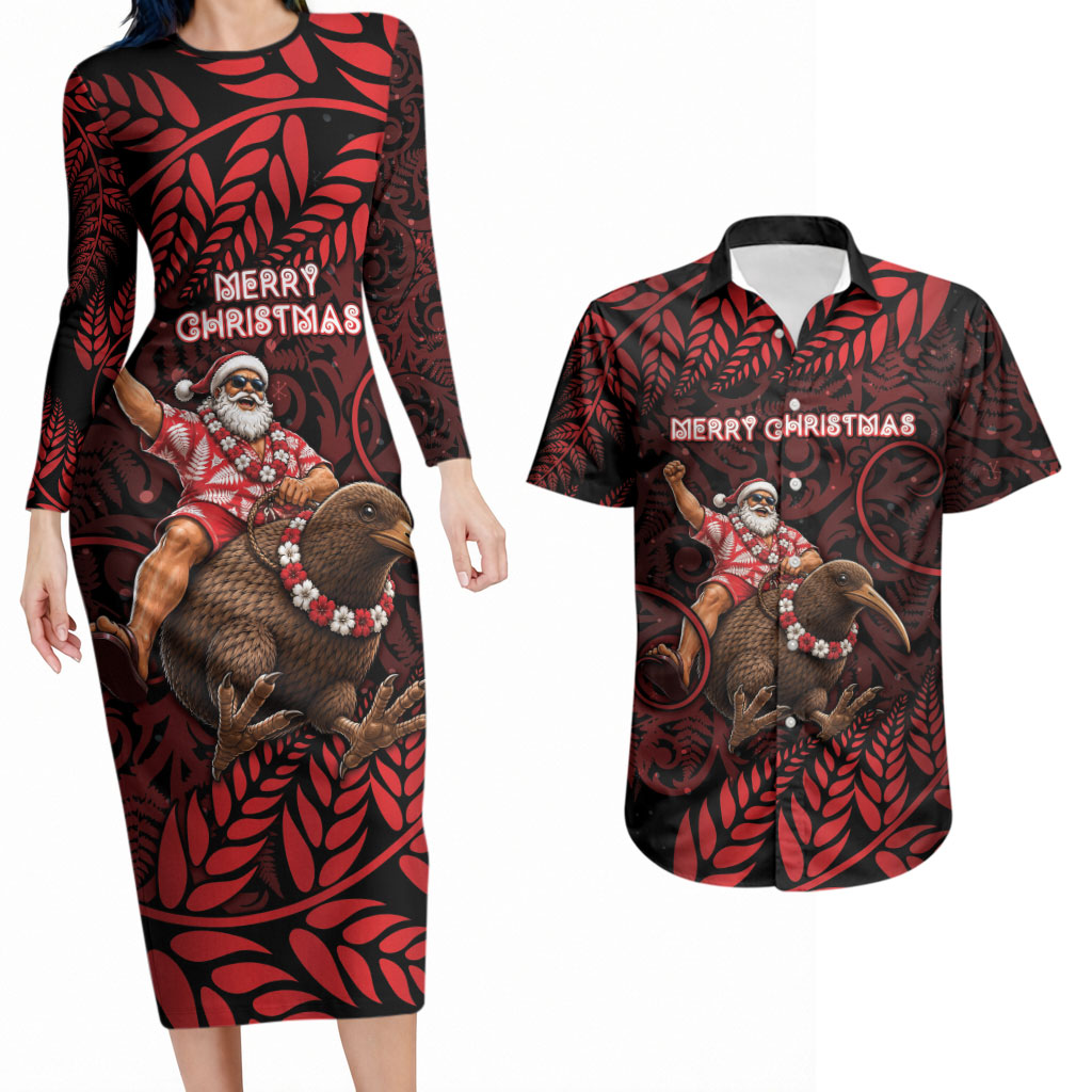 New Zealand Christmas Couples Matching Long Sleeve Bodycon Dress and Hawaiian Shirt Red Santa Riding Kiwi Bird Silver Fern