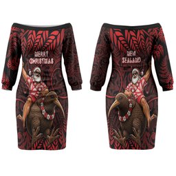 New Zealand Christmas Couples Matching Off The Shoulder Long Sleeve Dress and Hawaiian Shirt Red Santa Riding Kiwi Bird Silver Fern