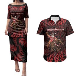 New Zealand Christmas Couples Matching Puletasi and Hawaiian Shirt Red Santa Riding Kiwi Bird Silver Fern