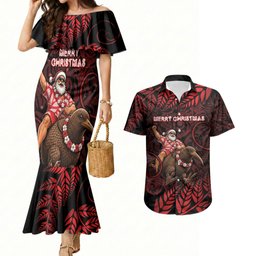 New Zealand Christmas Couples Matching Mermaid Dress and Hawaiian Shirt Red Santa Riding Kiwi Bird Silver Fern