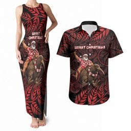 New Zealand Christmas Couples Matching Tank Maxi Dress and Hawaiian Shirt Red Santa Riding Kiwi Bird Silver Fern
