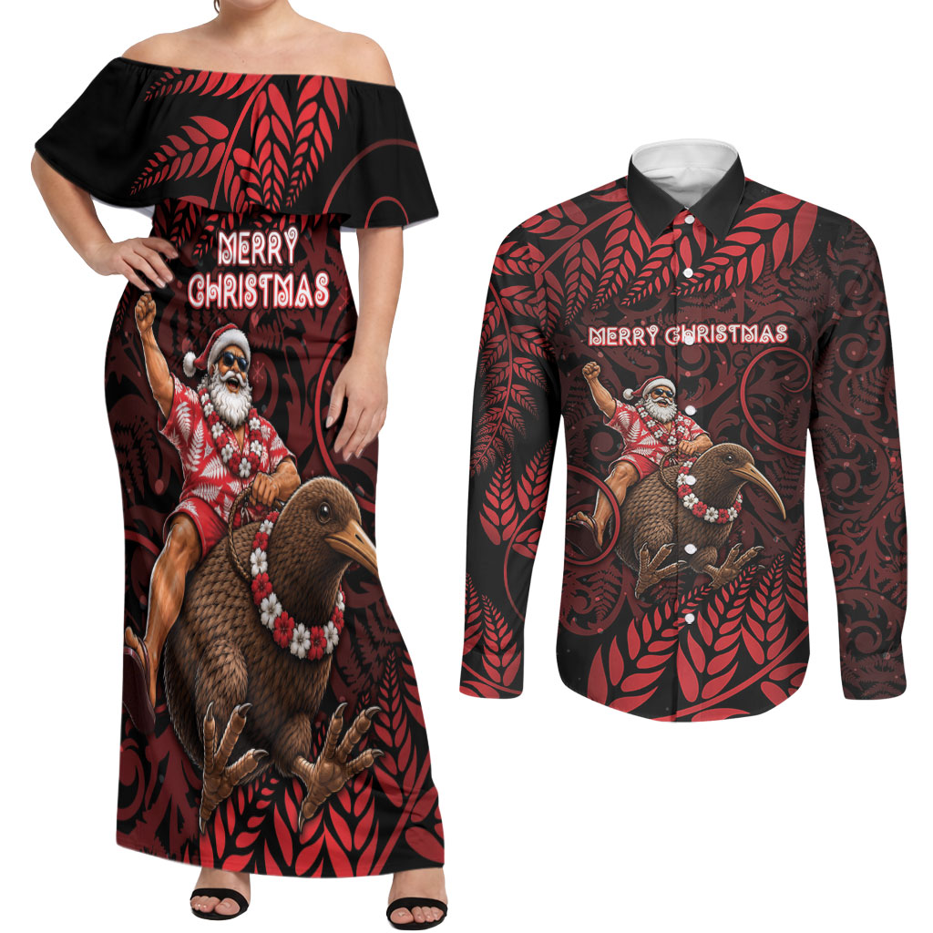 New Zealand Christmas Couples Matching Off Shoulder Maxi Dress and Long Sleeve Button Shirt Red Santa Riding Kiwi Bird Silver Fern