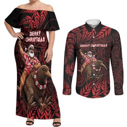 New Zealand Christmas Couples Matching Off Shoulder Maxi Dress and Long Sleeve Button Shirt Red Santa Riding Kiwi Bird Silver Fern