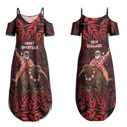 New Zealand Christmas Couples Matching Summer Maxi Dress and Hawaiian Shirt Red Santa Riding Kiwi Bird Silver Fern