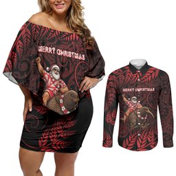 New Zealand Christmas Couples Matching Off Shoulder Short Dress and Long Sleeve Button Shirt Red Santa Riding Kiwi Bird Silver Fern