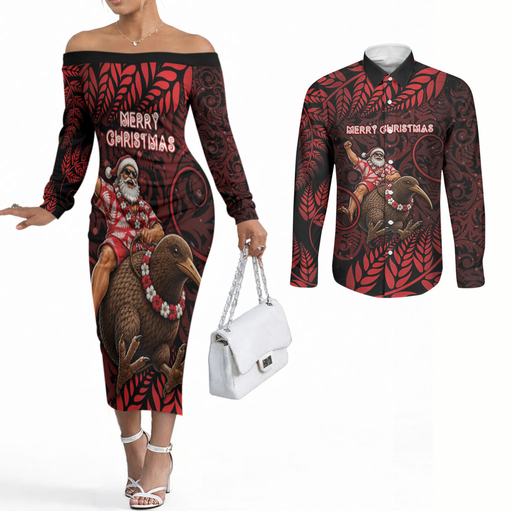New Zealand Christmas Couples Matching Off The Shoulder Long Sleeve Dress and Long Sleeve Button Shirt Red Santa Riding Kiwi Bird Silver Fern