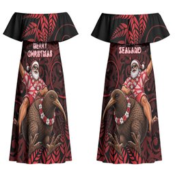 New Zealand Christmas Couples Matching Off Shoulder Maxi Dress and Long Sleeve Button Shirt Red Santa Riding Kiwi Bird Silver Fern