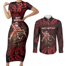New Zealand Christmas Couples Matching Short Sleeve Bodycon Dress and Long Sleeve Button Shirt Red Santa Riding Kiwi Bird Silver Fern