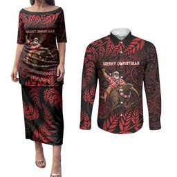 New Zealand Christmas Couples Matching Puletasi and Long Sleeve Button Shirt Red Santa Riding Kiwi Bird Silver Fern
