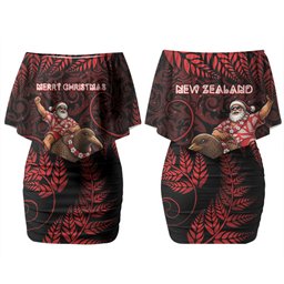 New Zealand Christmas Couples Matching Off Shoulder Short Dress and Long Sleeve Button Shirt Red Santa Riding Kiwi Bird Silver Fern