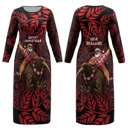 New Zealand Christmas Couples Matching Long Sleeve Bodycon Dress and Long Sleeve Button Shirt Red Santa Riding Kiwi Bird Silver Fern