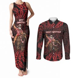 New Zealand Christmas Couples Matching Tank Maxi Dress and Long Sleeve Button Shirt Red Santa Riding Kiwi Bird Silver Fern