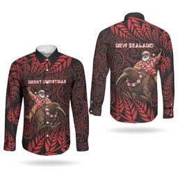 New Zealand Christmas Couples Matching Tank Maxi Dress and Long Sleeve Button Shirt Red Santa Riding Kiwi Bird Silver Fern
