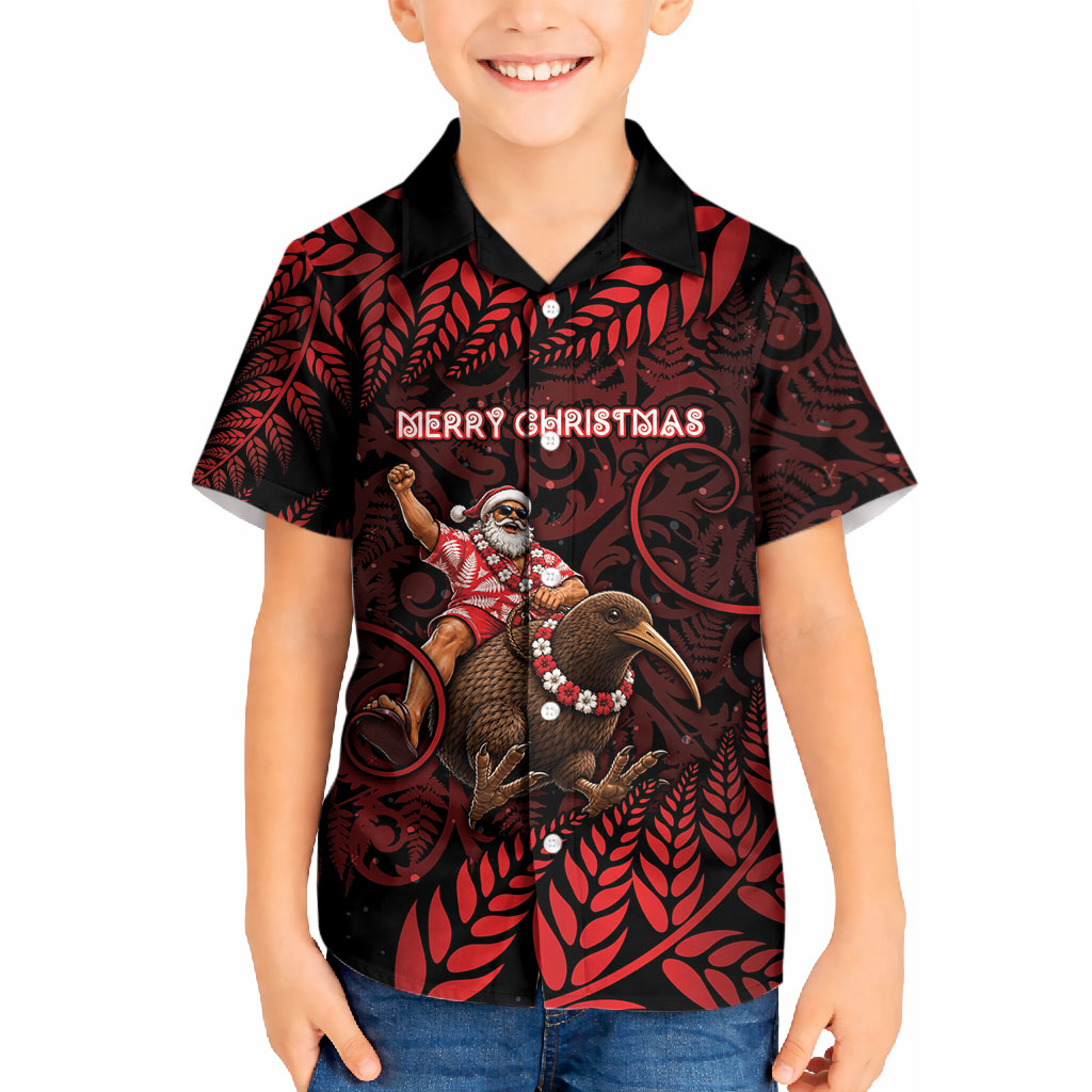 New Zealand Christmas Kid Hawaiian Shirt Red Santa Riding Kiwi Bird Silver Fern
