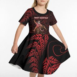 New Zealand Christmas Kid Short Sleeve Dress Red Santa Riding Kiwi Bird Silver Fern