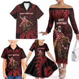 New Zealand Christmas Family Matching Off The Shoulder Long Sleeve Dress and Hawaiian Shirt Red Santa Riding Kiwi Bird Silver Fern
