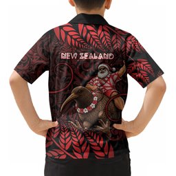 New Zealand Christmas Kid Hawaiian Shirt Red Santa Riding Kiwi Bird Silver Fern
